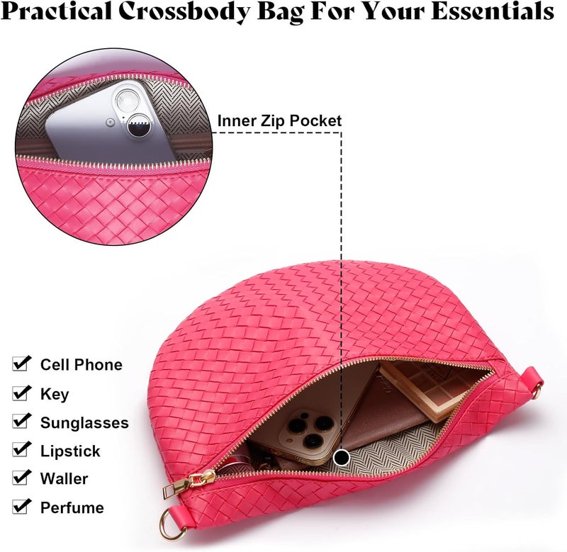 Dealkion Woven Crossbody Bags for Women Leather Belt Bum Sling Purse Fanny Waist Pack Chest Shoulder Bag for Women-Pink - Image 4
